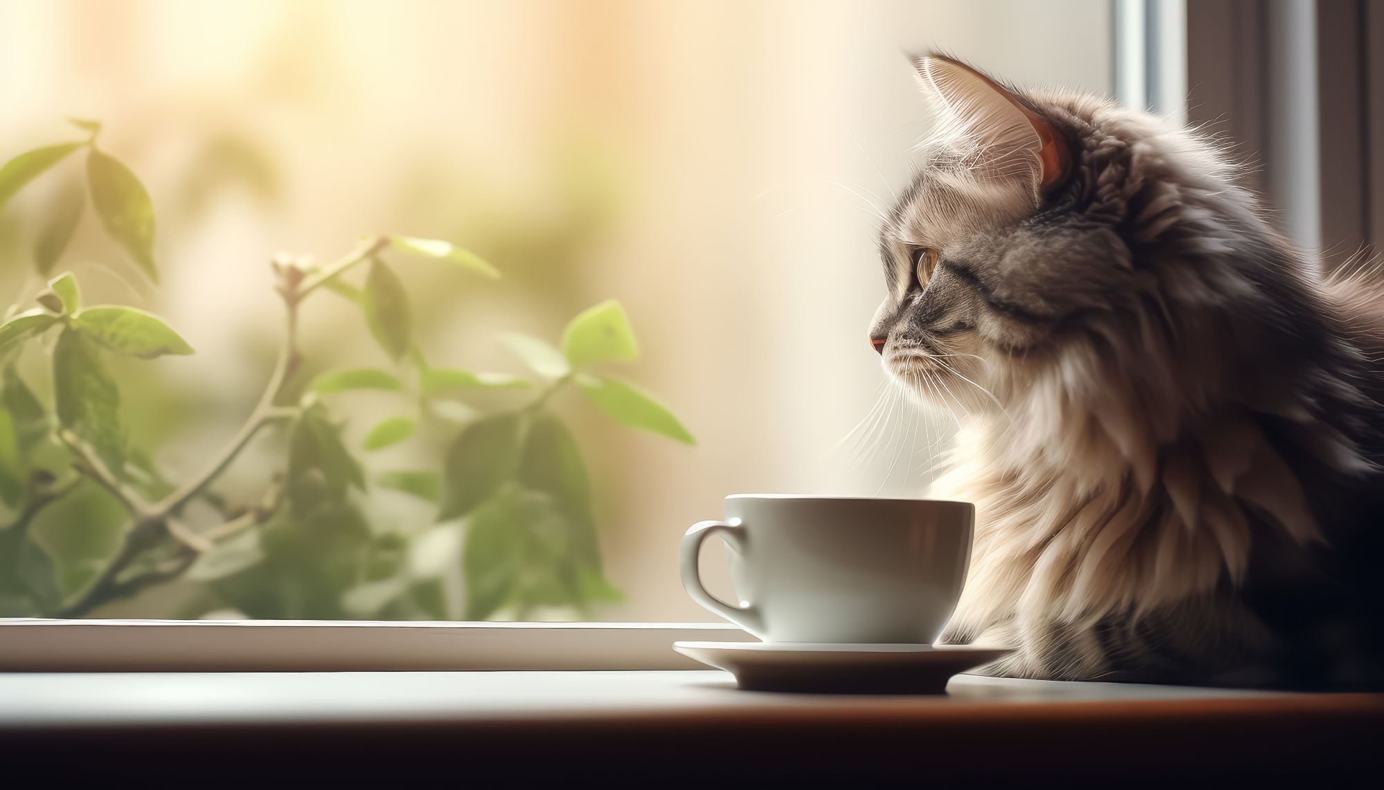 窓の外を眺める猫とコーヒーカップ